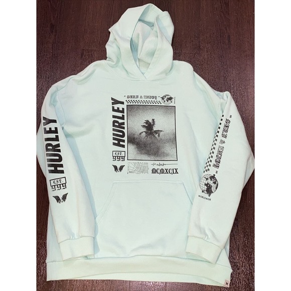 RARE Hurley Worldwide Hoodie Surf & Enjoy Est. 999 Sweatshirt Sea Green Palm - Picture 1 of 8